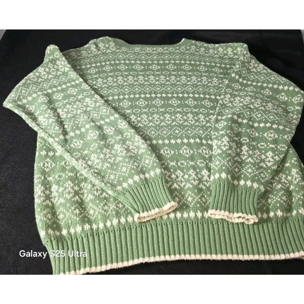 Vintage JOHN WEITZ Hand Framed Cotton Knitted Sweater Made In USA L Green/Cream - Picture 2 of 7